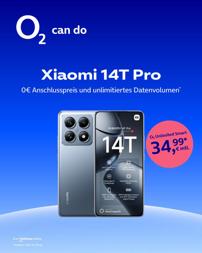 Xiaomi 14T Pro + o2 Unlimited Smart, 0 € Anschlusspreis, unlimitiertes Datenvolumen für 34,99 € monatlich.
