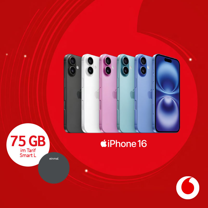 iPhone 16 + vodafone Smart L mit 75 GB Datenvolumen.