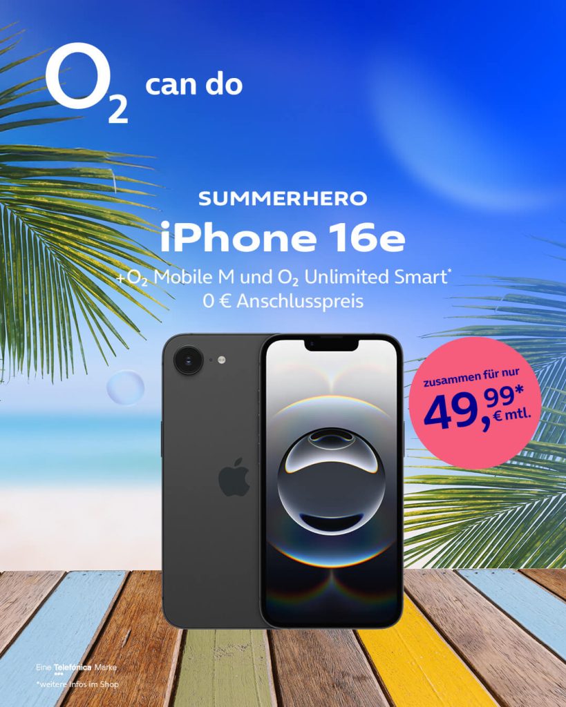 iPhone 16e + o2 Mobile M und o2 Unlimited Smart, 0€ Anschlusspreis für zusammen 49,99 € monatlich.