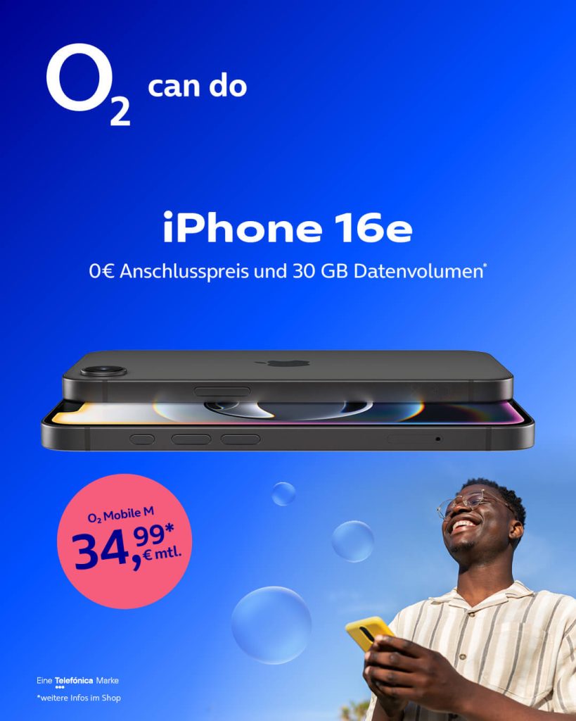 iPhone 16e + o2 Mobile M, 0 € Anschlusspreis, 30 GB Datenvolumen für 34,99 € monatlich.