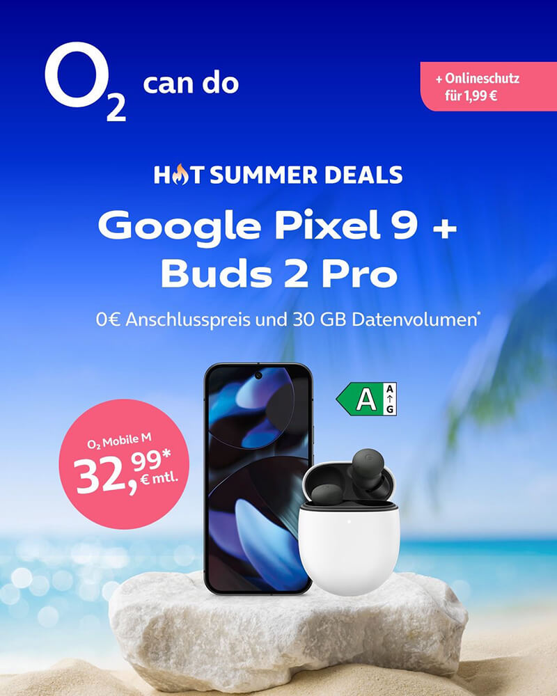 o2 Tarif Mobile M mit Google Pixel 9 + Buds 2 Pro für 32,99€ monatlich.
