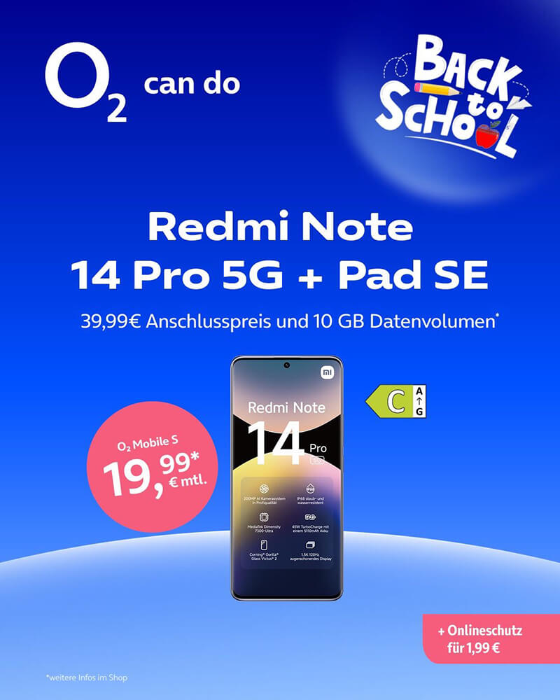 o2 Tarif Mobile S mit Redmi Note 14 Pro 5G für 19,99€ monatlich.