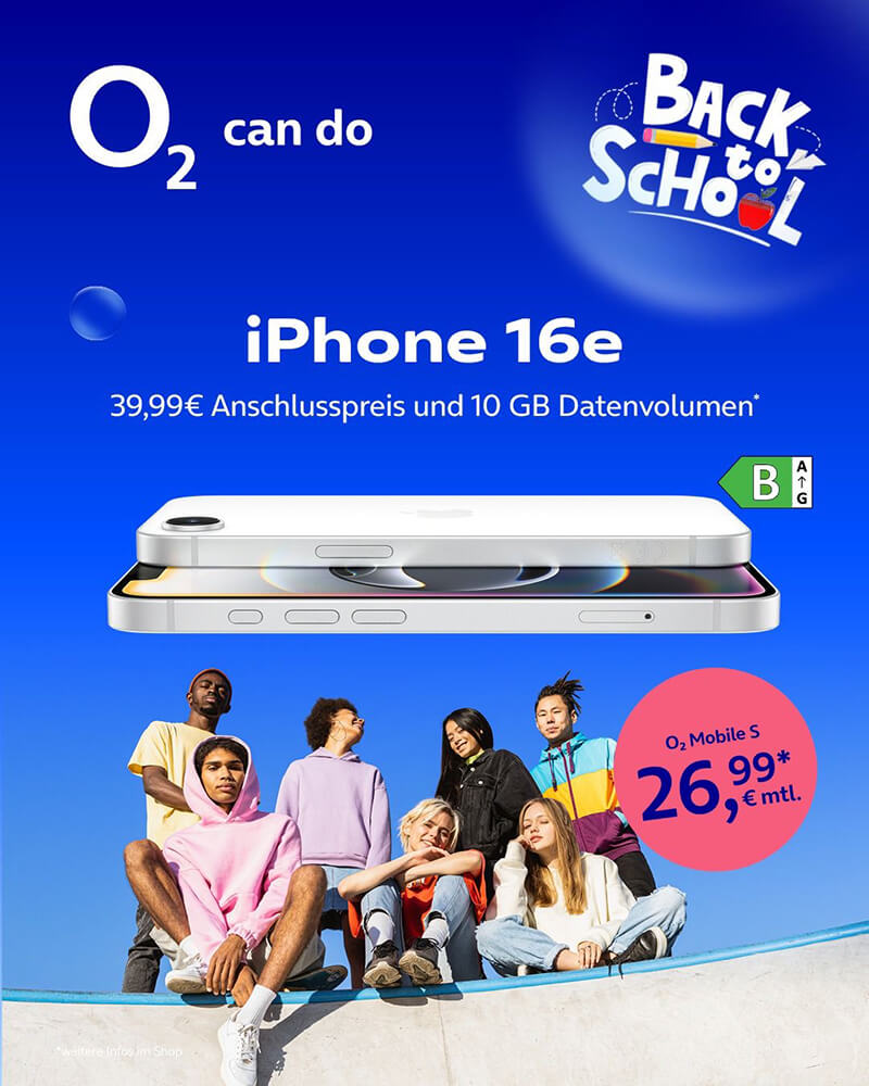 o2 Tarif Mobile S und iPhone 16e für 26,99€ monatlich.