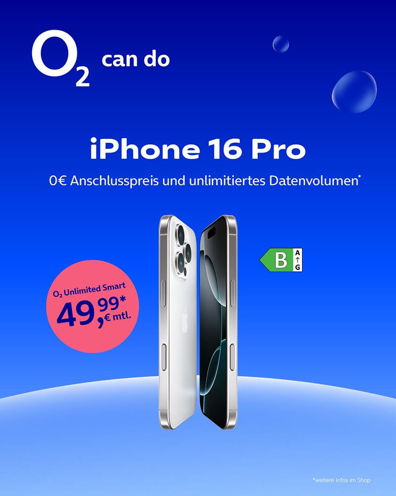 o2 Tarif Unlimited Smart mit iPhone 16 Pro für 49,99€ monatlich.