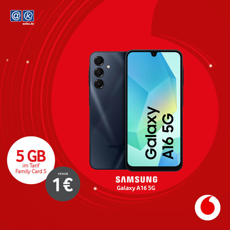 vodafone Angebot, Tarif Family Card S mit 5GB und Samsung Galaxy A16 5G.