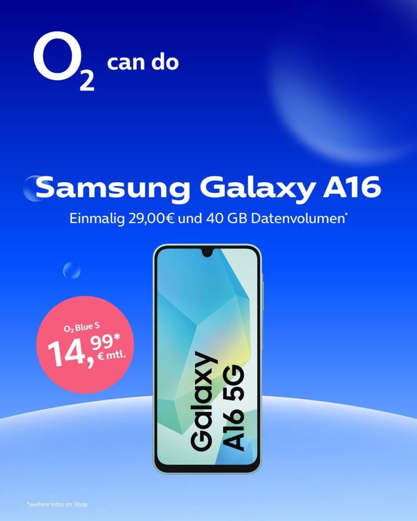 Samsung Galaxy A16, 40 GB Datenvolumen, einmalig 29 € und o2 Blue S für 14,99 € monatlich.