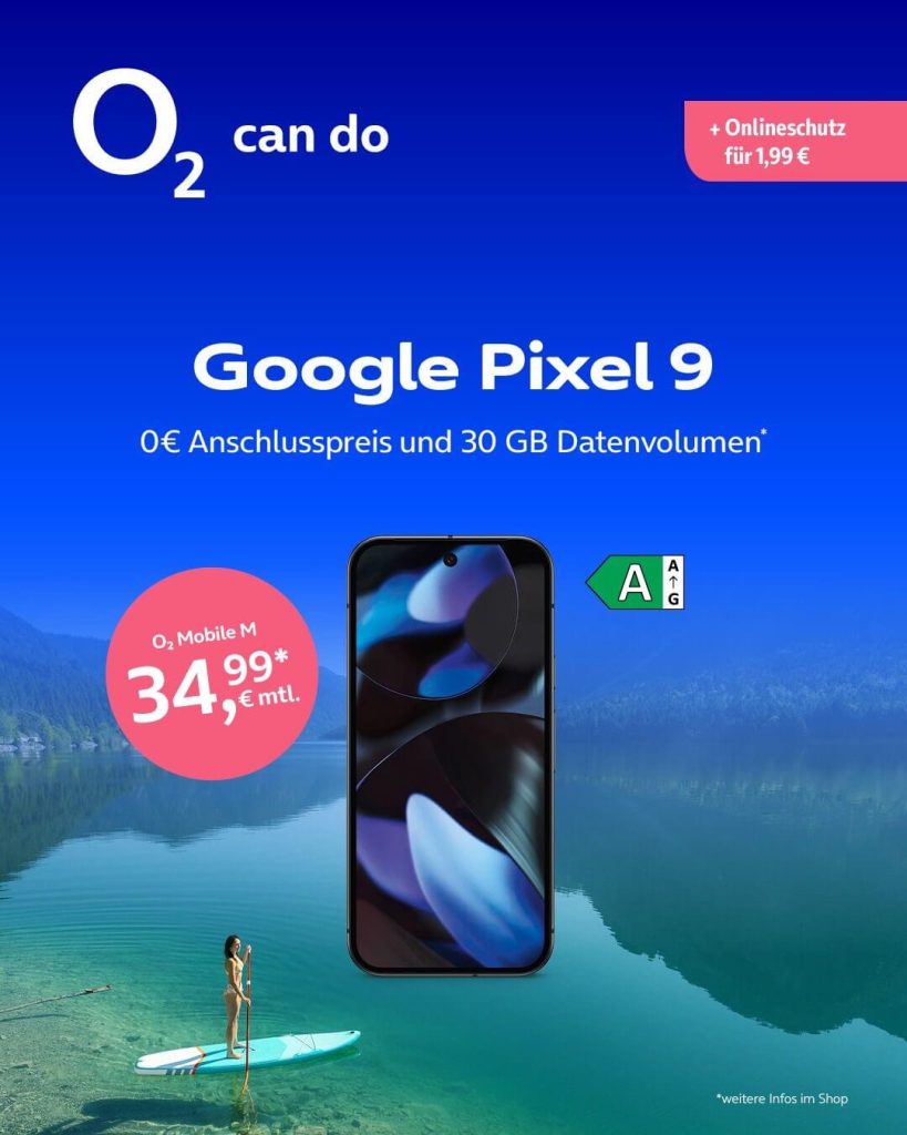 Google Pixel 9, 0 € Anschlusspreis, 30 GB Datenvolumen im o2 Mobile M Tarif für 34,99 € monatlich.