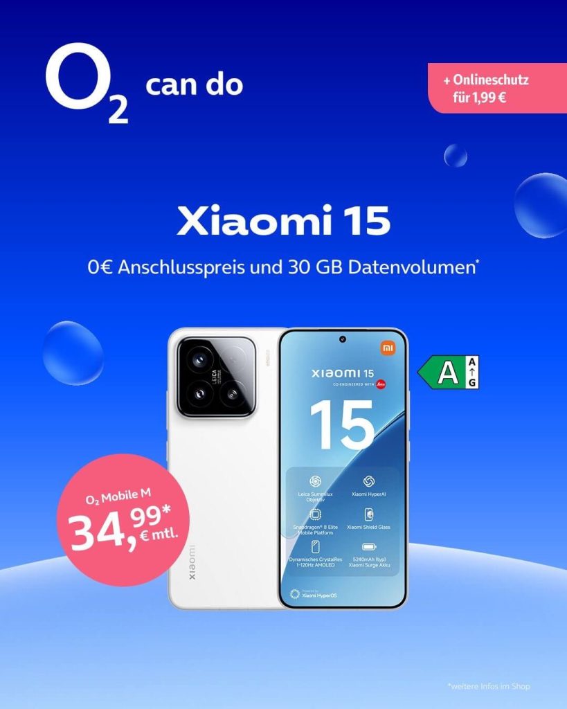 Xiaomi 15 mit 0€ Anschlusspreis, 30 GB Datenvolumen im o2 Mobile M Tarif für 34,99 €.