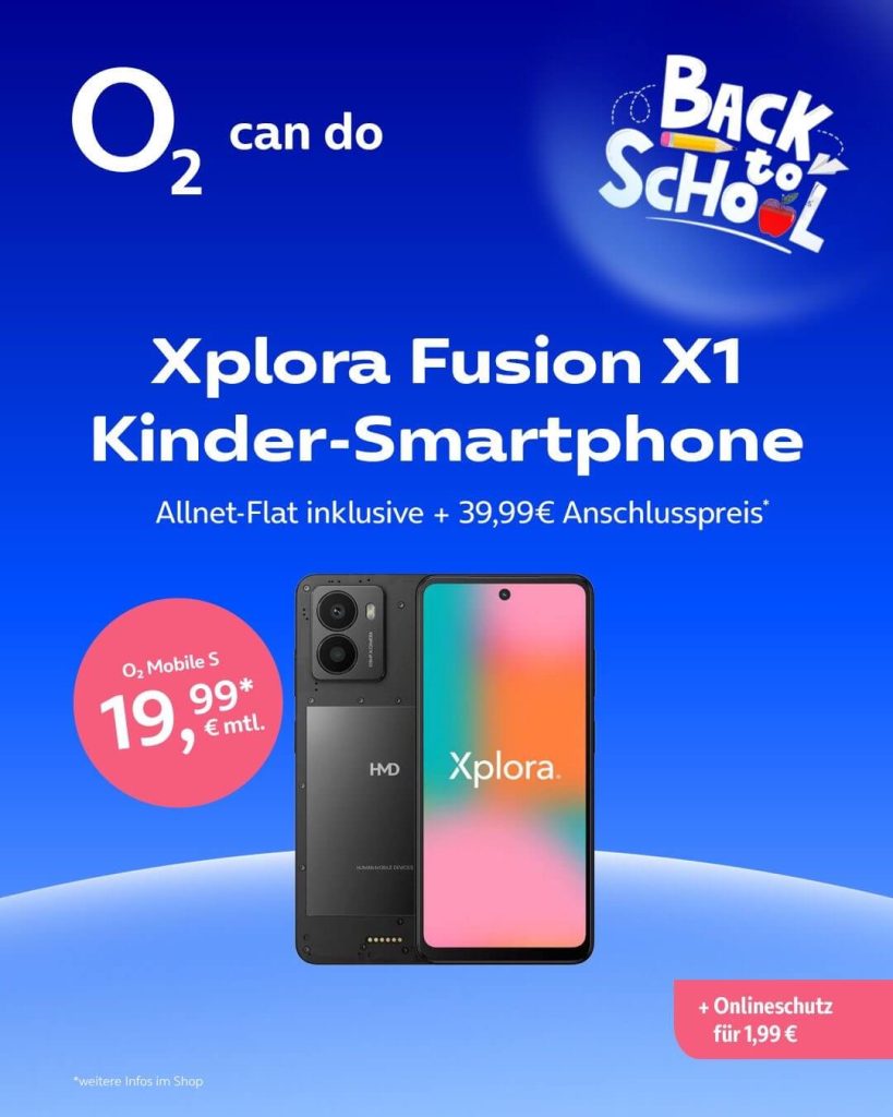 Xplora Fusion X1 Kinder-Smartphone, Allnet-Flat inklusive + 39,99 € Anschlusspreis, o2 Mobile S für 19,99 € monatlich.