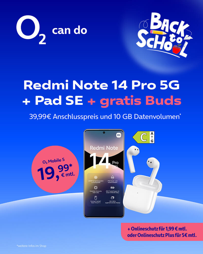 Redmi Note 14 Pro 5G + Pad SE + gratis Buds, o2 Mobile S für 19,99 € monatlich.