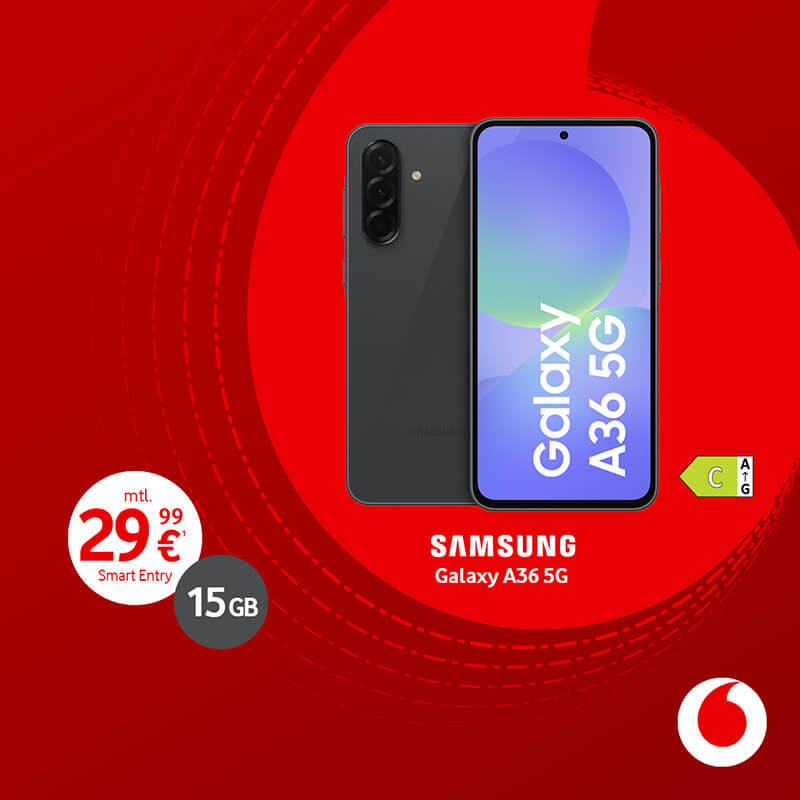 Samsung Galaxy A36 5G mit vodafone Smart Entry für 29,99 € monatlich.