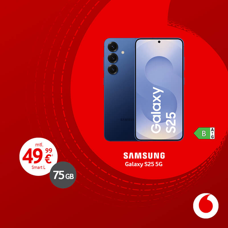 Samsung Galaxy S25 5G mit vodafone Smart L für 49,99 € monatlich.