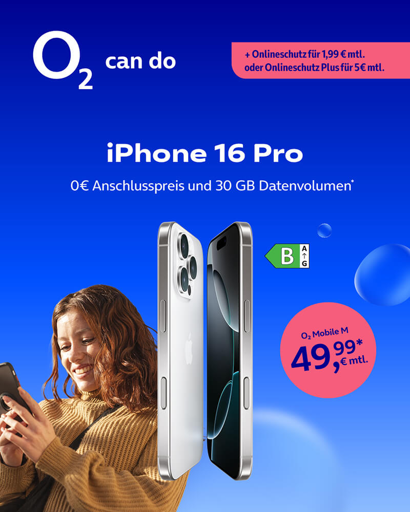 iPhone 16 Pro, o2 Mobile M für 49,99 € monatlich.