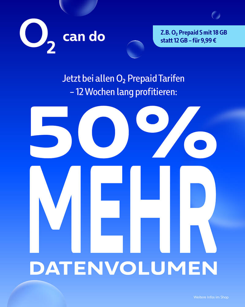 o2 Prepaid Tarife mit 50% mehr Datenvolumen.