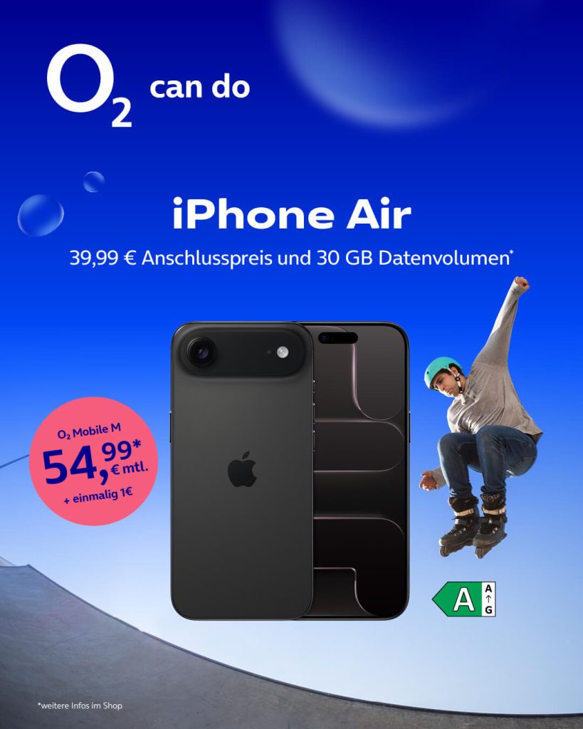 iPhone Air mit 39,99€ Anschlusspreis und 30 GB Datenvolumen und o2 Mobile M für 54,99 € monatlich + einmalig 1€ bei o2.