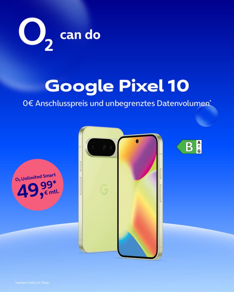 Google Pixel 10 mit 0€ Anschlusspreis und unbegrenztes Datenvolumen und o2 Unlimited Smart für 49,99 € monatlich.