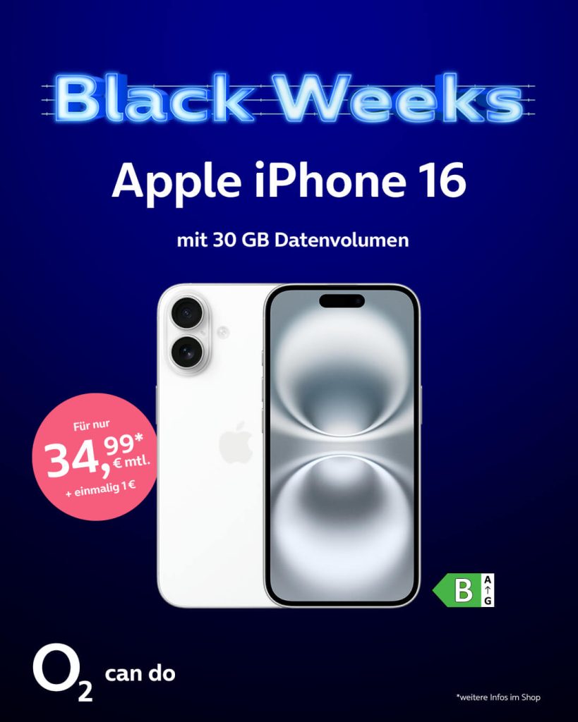 Apple iPhone 16 mit 30 GB Datenvolumen, Black weeks für nur 34,99 €.