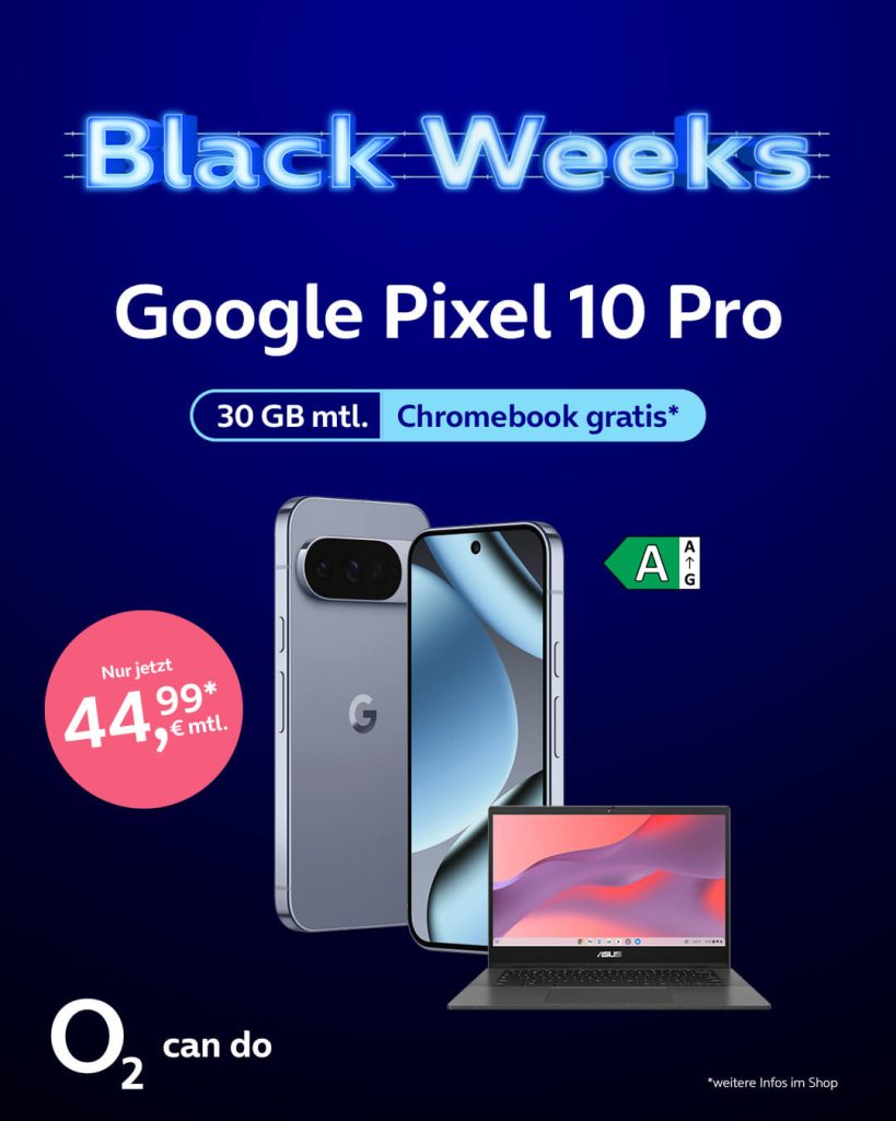 Google Pixel 10 Pro mit 30 GB Datenvolumen, Black weeks für nur 44,99 €.