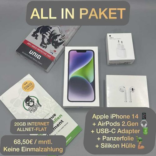 All in Paket, iPhone 14, AirPods 2.Generation, USB C Adapter, Panzerfolie, Silikonhülle